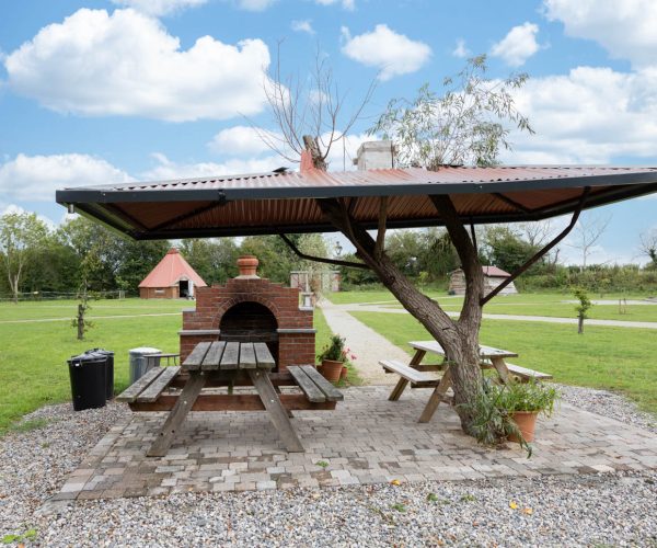 Picnic area with wooden benches, brick grill, and a tree under a metal roof in a park.