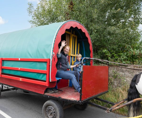 Woman and child wave while sitting in a colorful covered wagon pulled by a horse on a road.